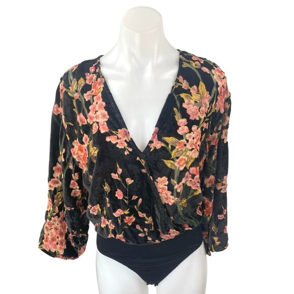 Honey Belle Multicolor Velvet Velour Floral Faux Wrap Long Sleeve Blouse Top M - Picture 1 of 4